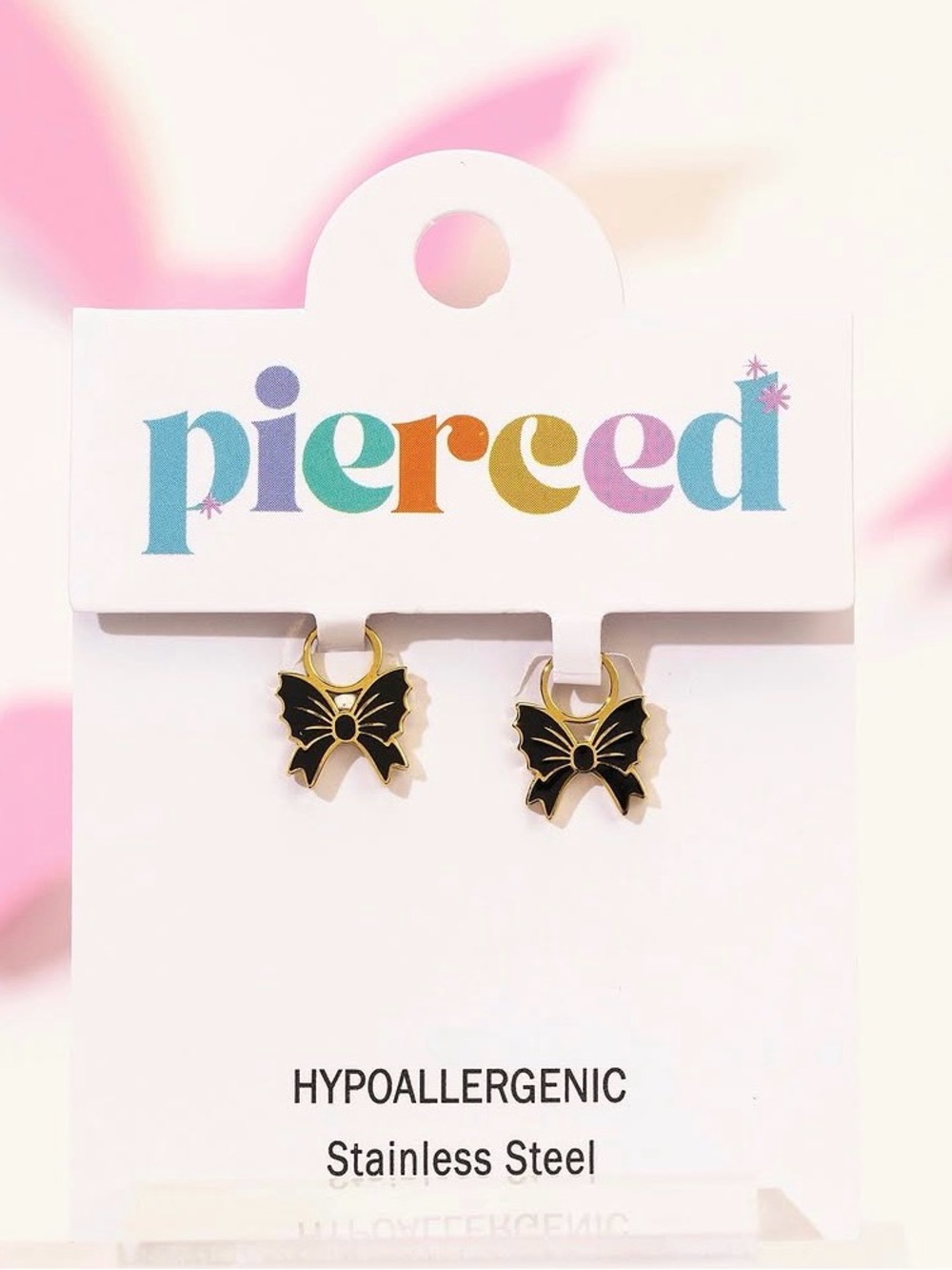 Pierced Kids Black Bat Bow Hoop Earrings - Gold Trim Stainless Steel